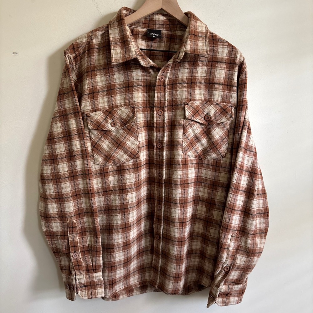 Hobie Mens Flannel Button Down Shirt Brown Cream Plaid Cotton Large Long Sleeve